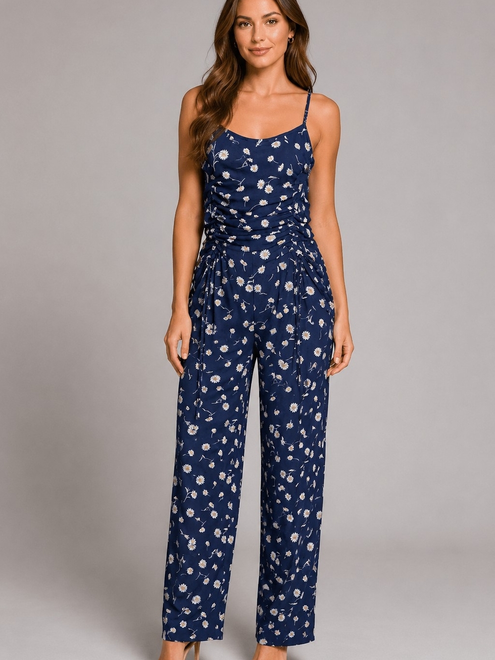 Womens Navy Floral Spaghetti-Strap Pants Jumpsuit Size L